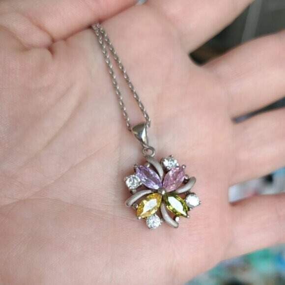 Vintage Boho Sterling Silver Multi Coloured Crystal Stone Flower Necklace - Picture 7 of 15